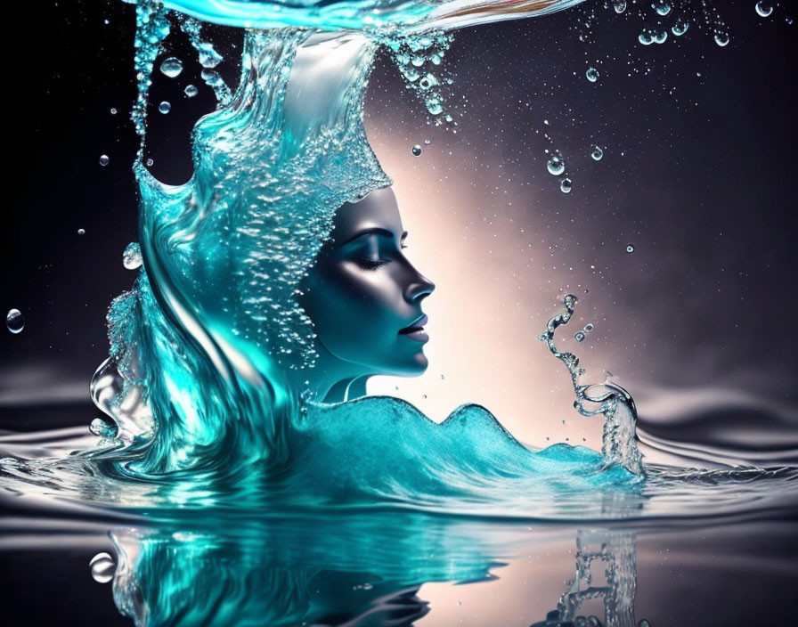 Woman's profile merges with water in digital artwork