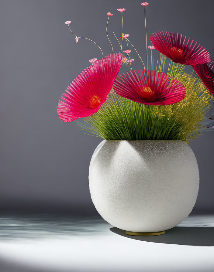 Vibrant pink and red flowers in white vase on gray background