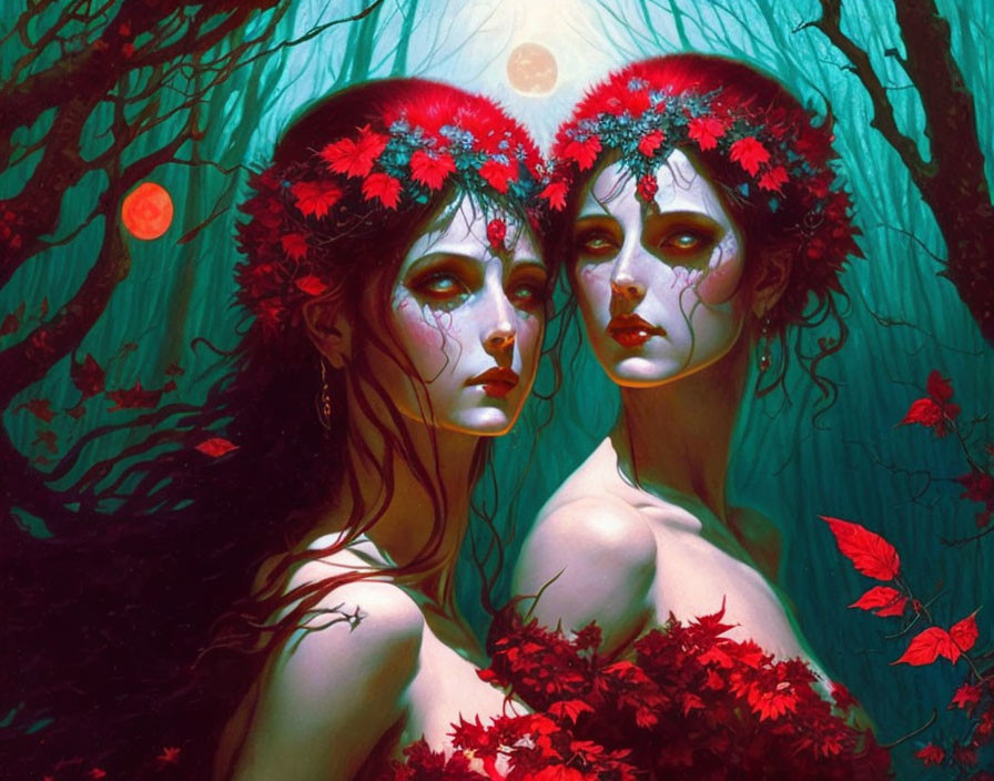 Ethereal women in red floral headpieces in enchanted forest with butterflies