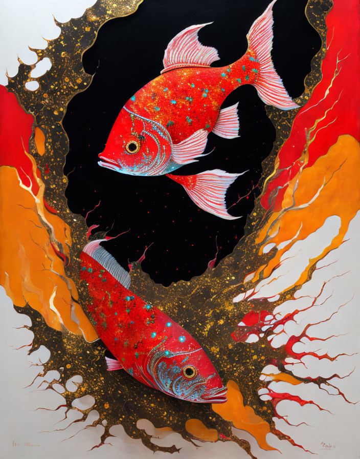 Vibrant Red Fish on Abstract Black and Gold Background