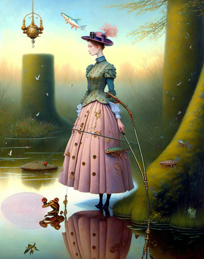 Surreal Victorian woman painting with floating teapot & whimsical elements