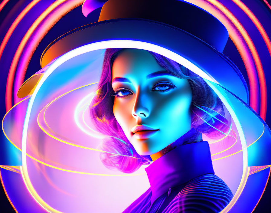 Vibrant neon lights swirl around woman in hat portrait