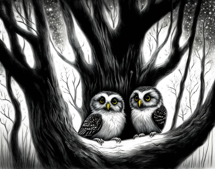 Two owls on branch under starry sky with looming tree