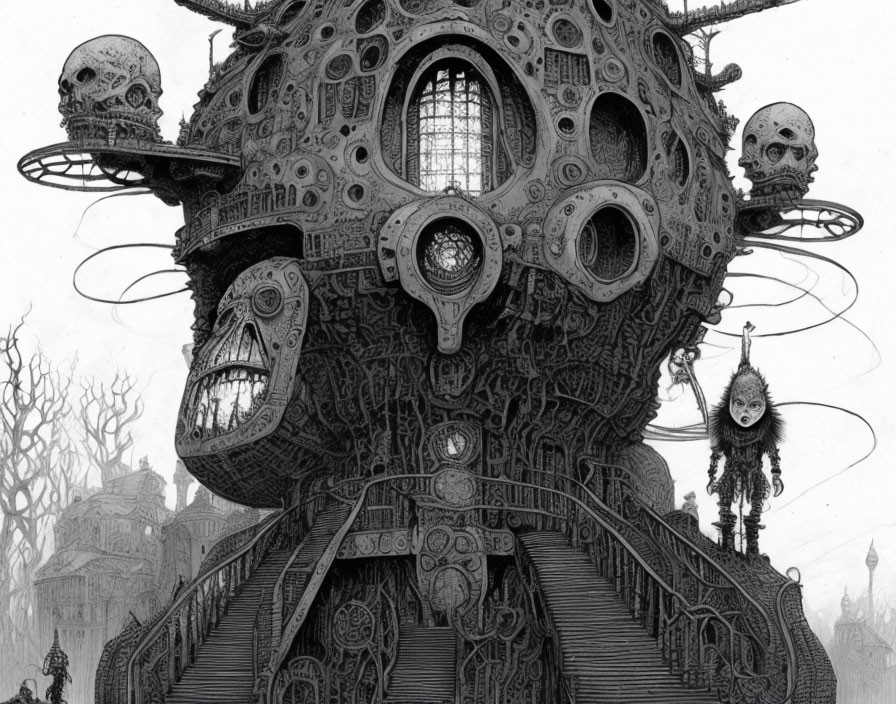 Detailed monochromatic surreal drawing with mechanical structure and skull motifs.