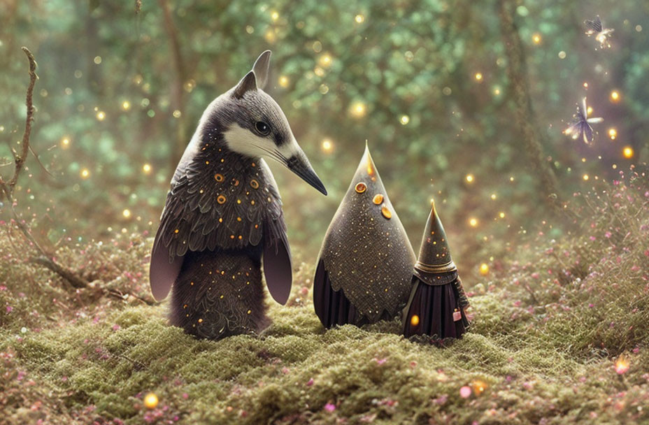 Stylized anthropomorphic birds with intricate feathers in mossy forest scene