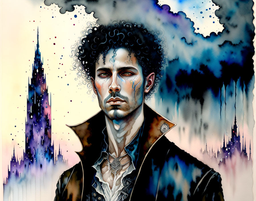 Illustrated portrait of a man in Victorian attire with curly hair against fantastical backdrop