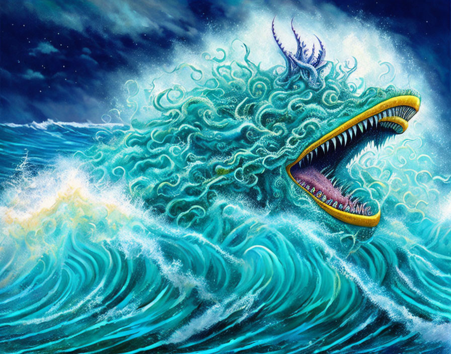 Mythical sea creature with sharp teeth in ocean waves