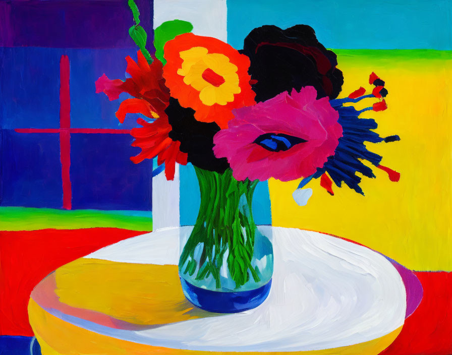 Colorful Abstract Painting: Flowers in Vase on Table