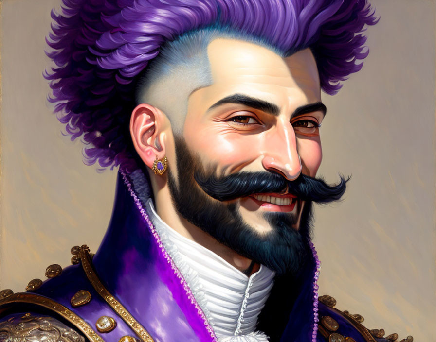 Portrait of man with purple mohawk, curled mustache, earrings, regal purple jacket