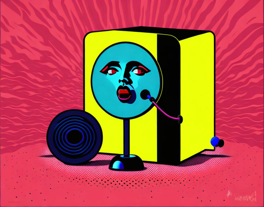 Surreal yellow cube with blue human face, black speaker, blue microphone