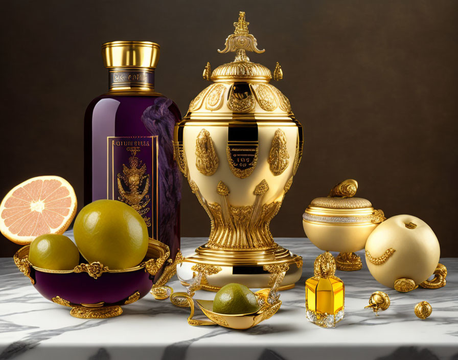 Luxury Perfume Bottles with Golden Designs Among Citrus Fruits