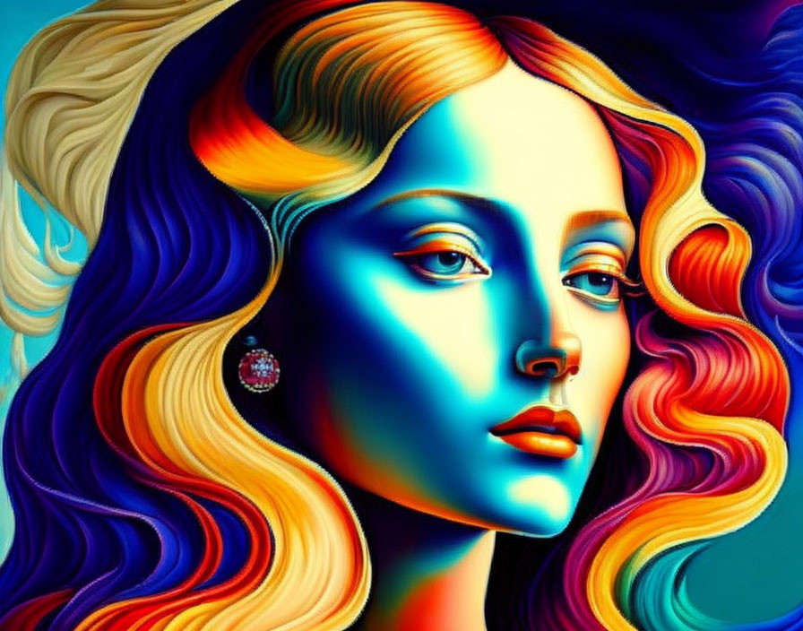 Colorful digital painting of woman with flowing multicolored hair in blue, yellow, and red tones