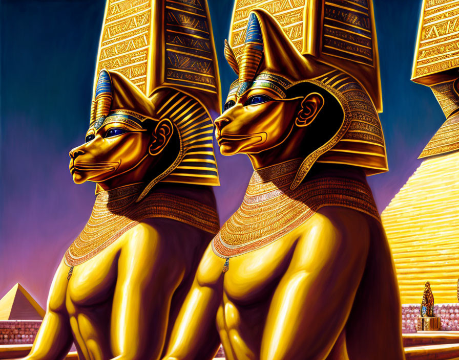 Gilded sphinx statues with human faces near pyramids under a purple sky