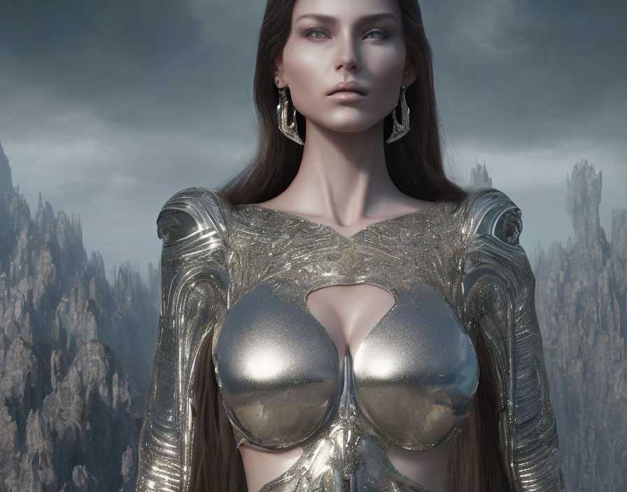 Digital artwork: Woman in futuristic metallic armor with ethereal landscape.