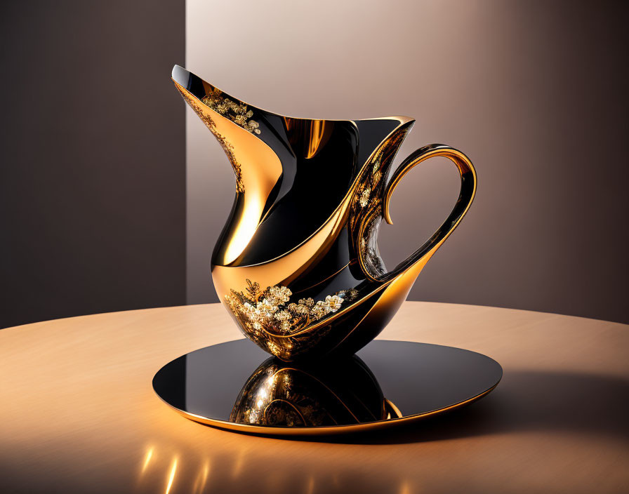 Black and Gold Porcelain Pitcher with Floral Patterns on Reflective Surface