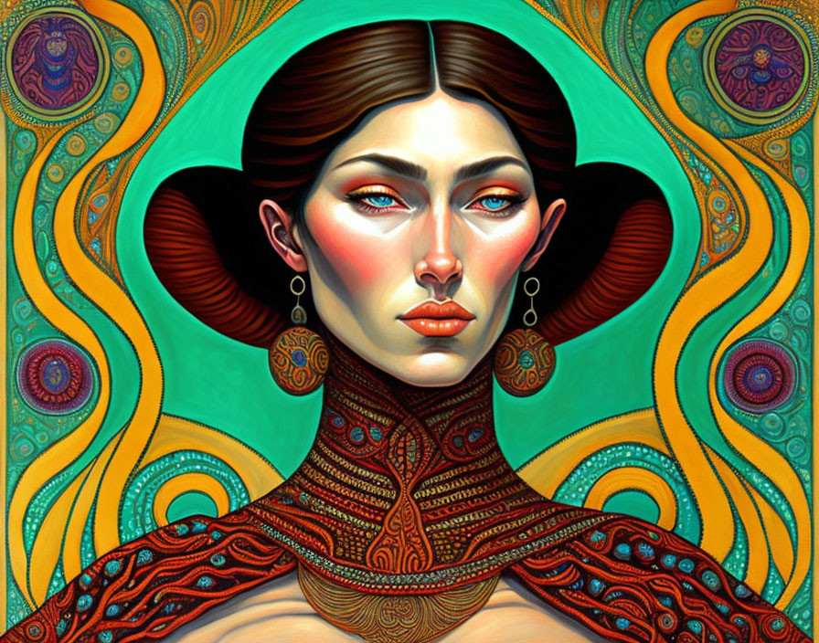 Stylized woman digital artwork with intricate patterns and vivid colors