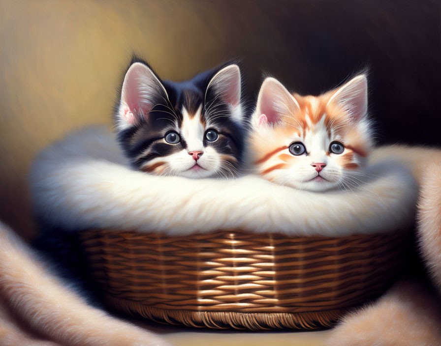 Two Wide-Eyed Kittens in Cozy Wicker Basket