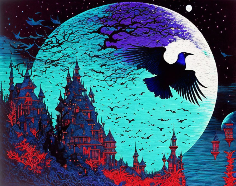 Gothic-style castle under large moon with crow and bats in vibrant blue and crimson fantasy landscape