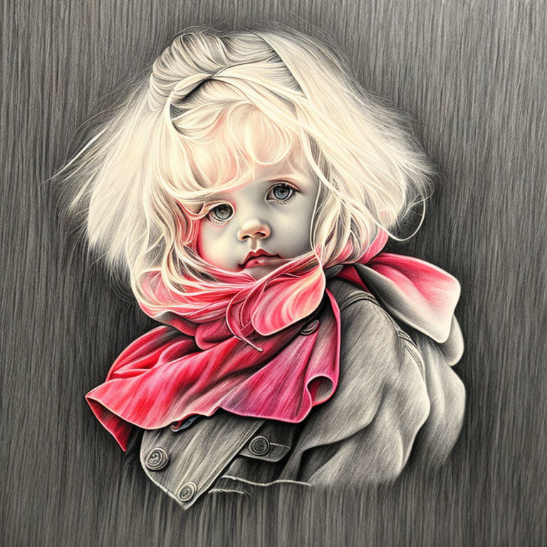 Blond-Haired Child in Red Scarf on Gray Background