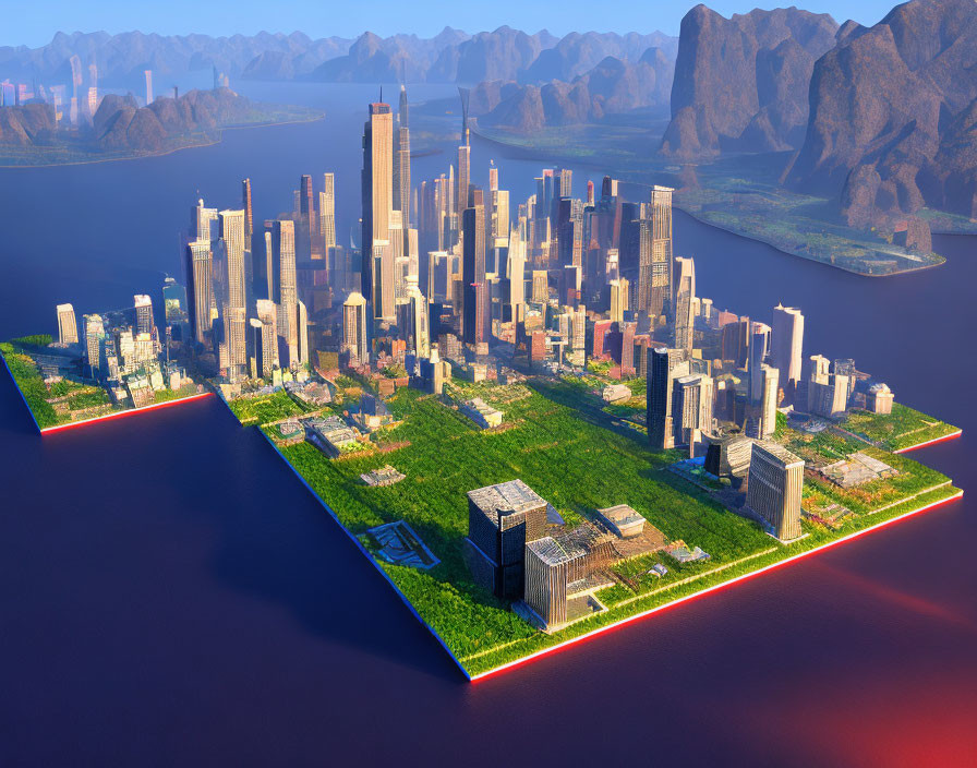 Futuristic cityscape with high-rise buildings on floating platforms at sunrise or sunset