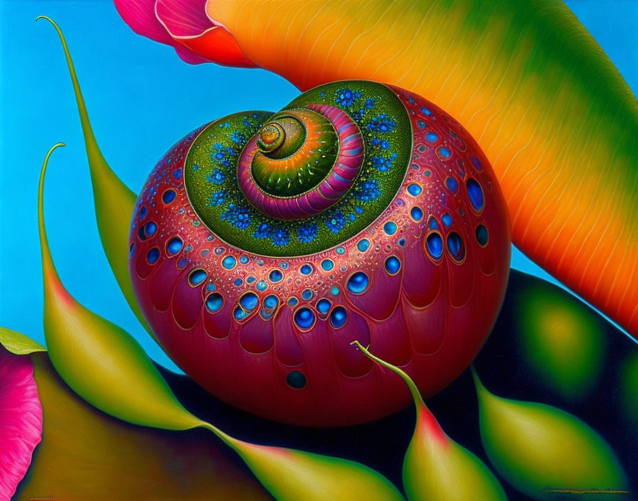 Colorful Surreal Painting: Snail with Patterned Shell on Multicolored Foliage