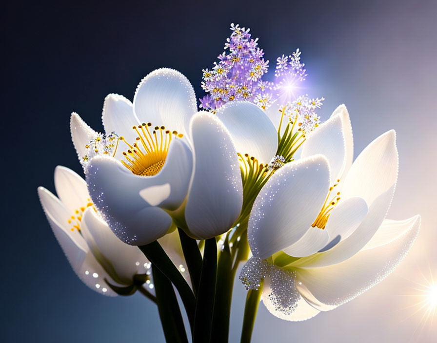 White flowers with dewdrops on petals against blue background in sunbeams