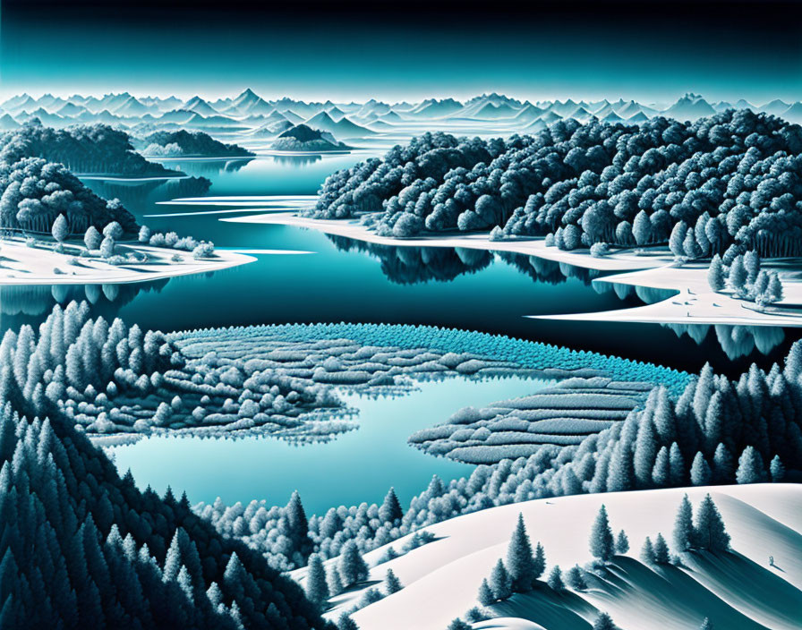 Surreal landscape with layered hills, lakes, and forest in cool blue tones