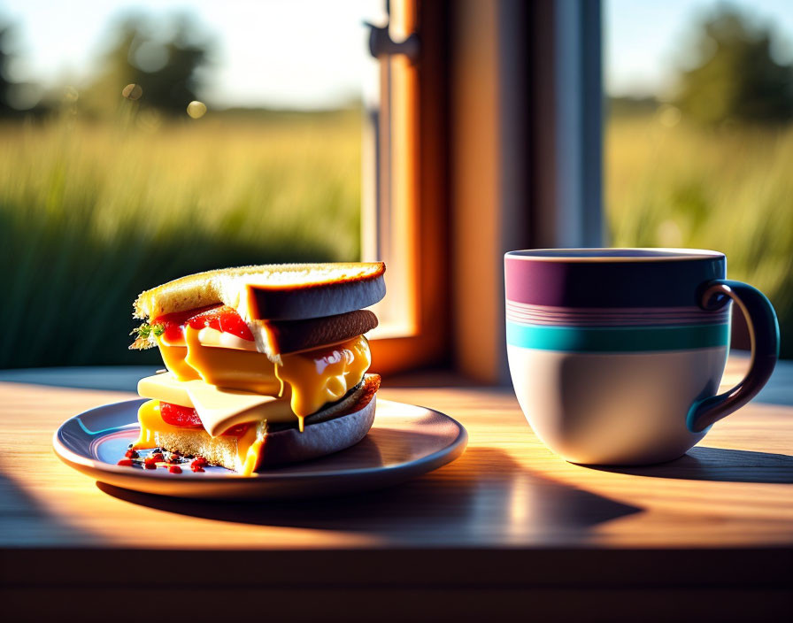 Cheese, Tomato, and Lettuce Sandwich with Coffee and Sunrise View