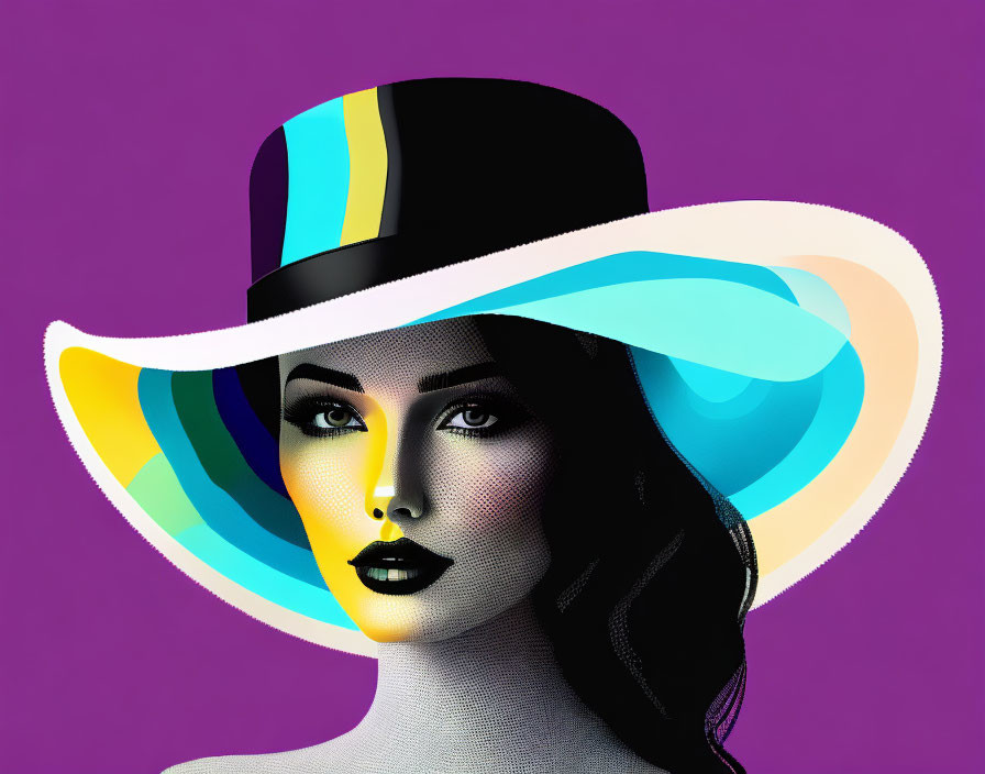 Colorful Striped Hat Woman Portrait on Purple Background