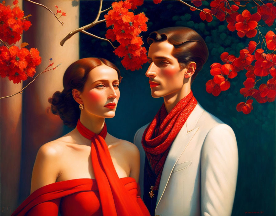 Stylized portrait of woman in red & man in white suit with red scarf under red flowers