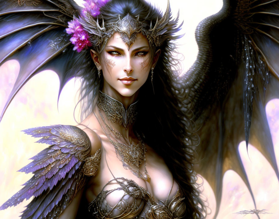 Fantasy character with black feathered wings, ornate armor, and floral crown on soft background