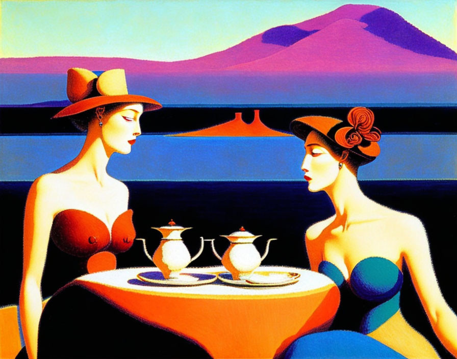 Stylized women at table with teapot and cup against art deco backdrop