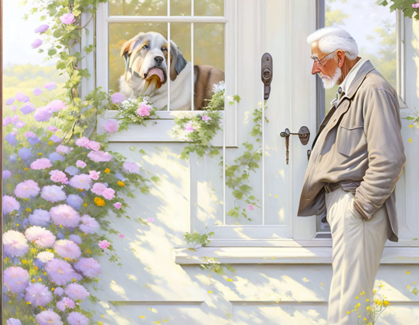 Elderly man outside sunlit house with dog in window