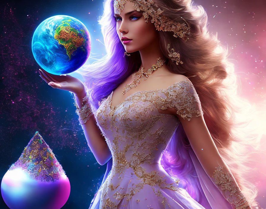 Elven woman in golden gown holds glowing Earth with cosmic energy.