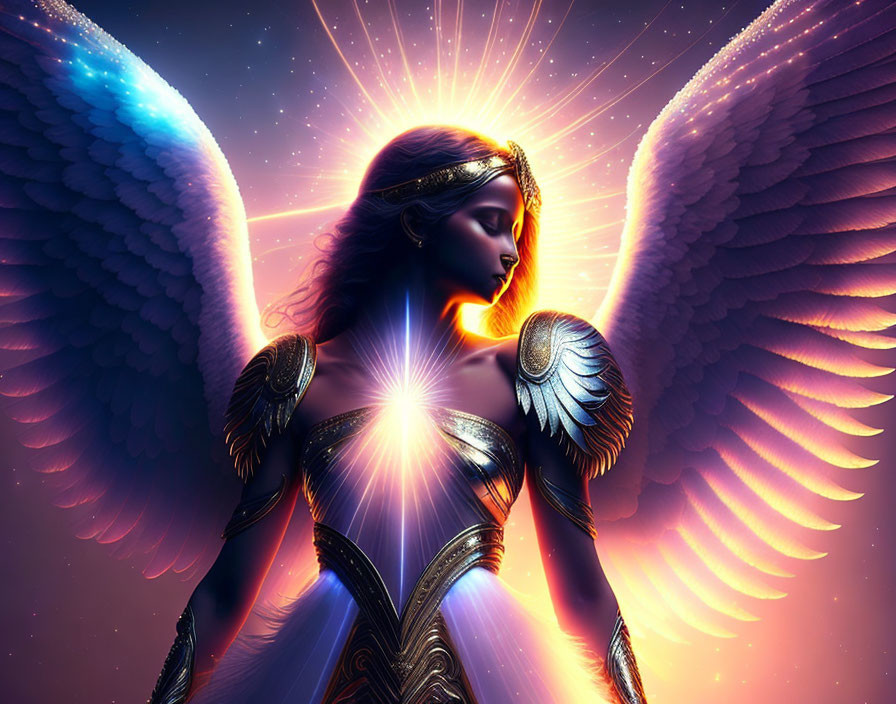 Radiant angel with large illuminated wings and golden armor against cosmic backdrop