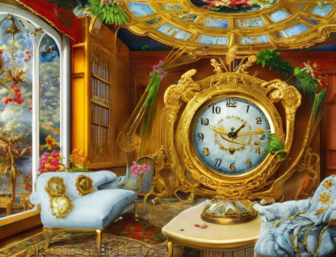 Luxurious Room with Ornate Gold Clock & Elegant Decor