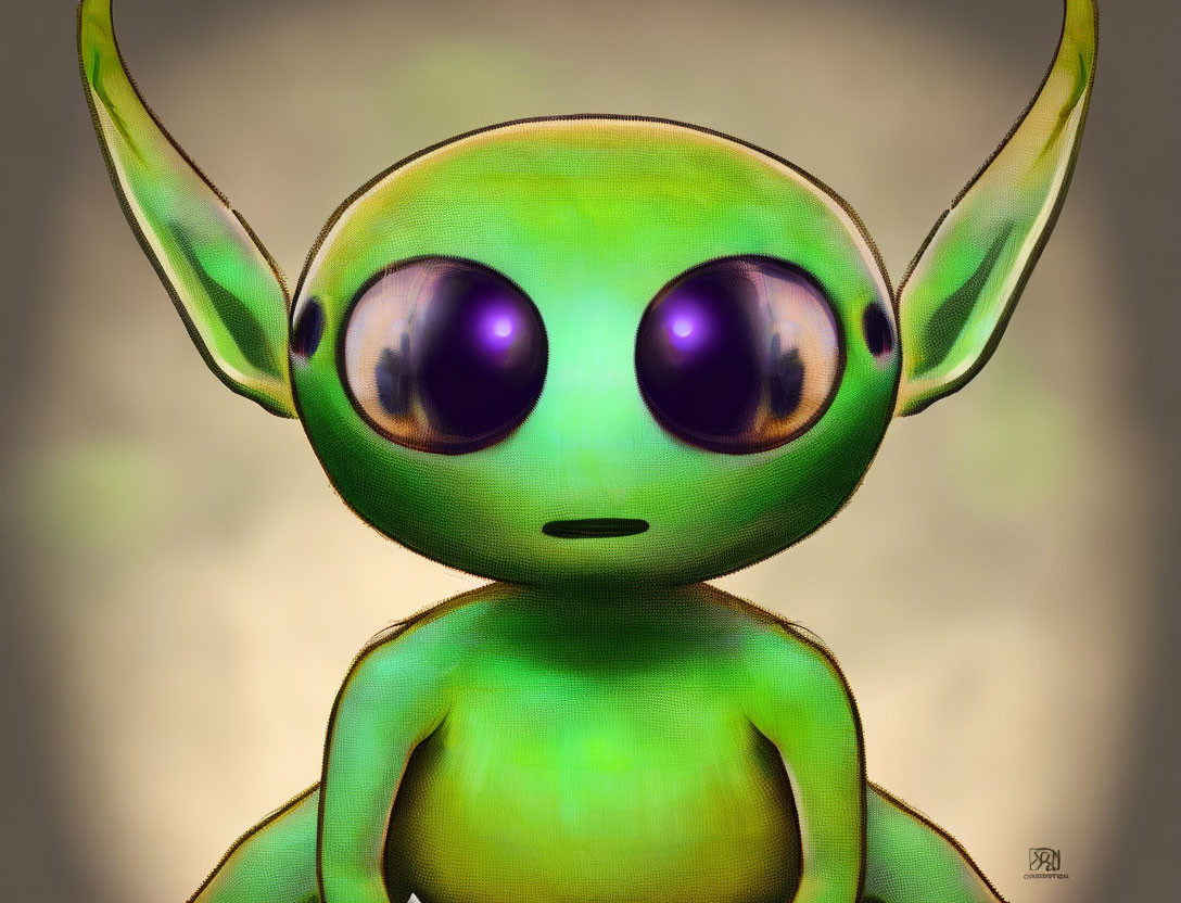 Green alien with large purple eyes and pointy ears illustration