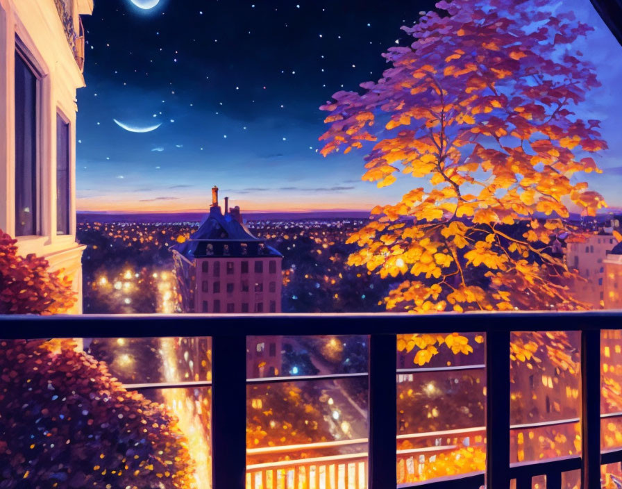 Cityscape at Dusk: Balcony View with Tree and Crescent Moon