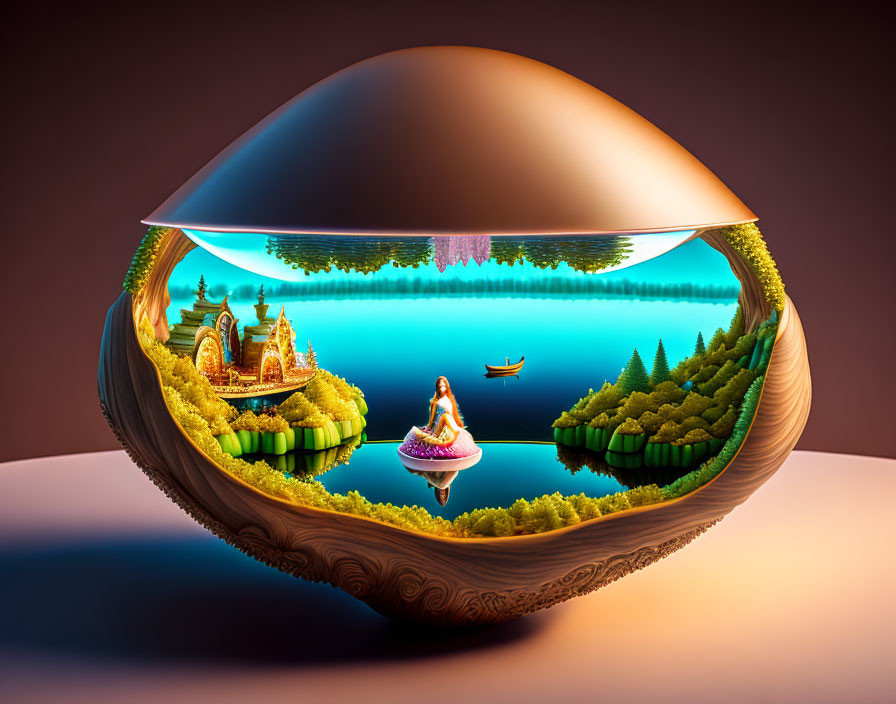 Vibrant fantasy landscape inside a surreal clamshell scene