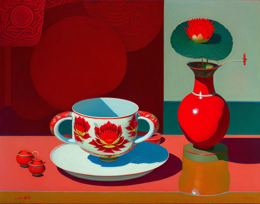 Colorful painting of cup, teapot, and vase with lotus on vibrant table