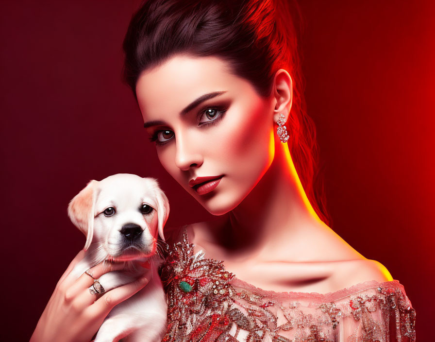 Woman with elegant makeup holding white puppy on red backdrop