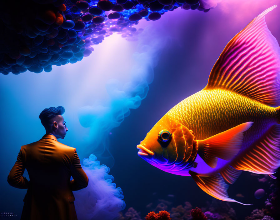 Man in brown suit underwater with vibrant orange fish and bubbles