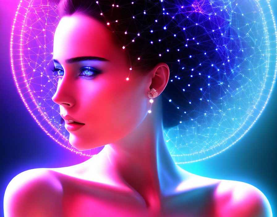 Digital portrait of woman with glowing blue eyes against neon-lit geometric backdrop