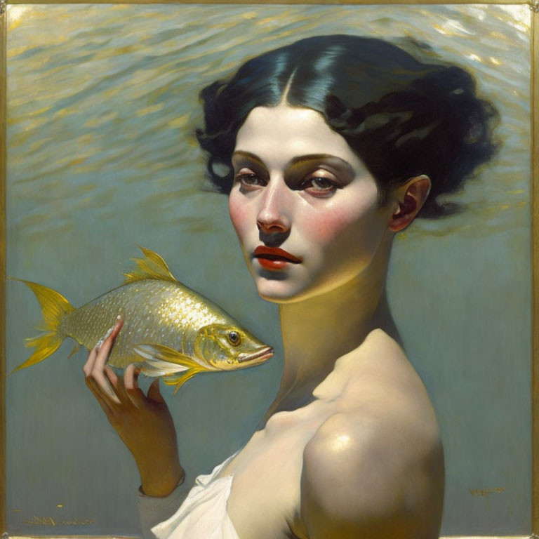 Classic Painting: Woman with Dark Hair Holding Golden Fish