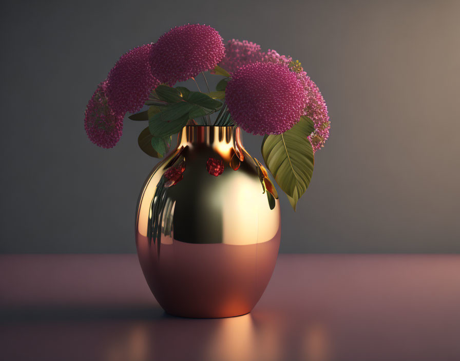 Golden vase with pink hydrangea on dark background