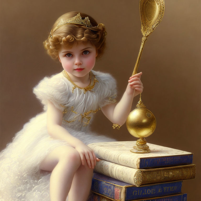 Young girl in tiara with golden scepter and antique books, wearing white dress