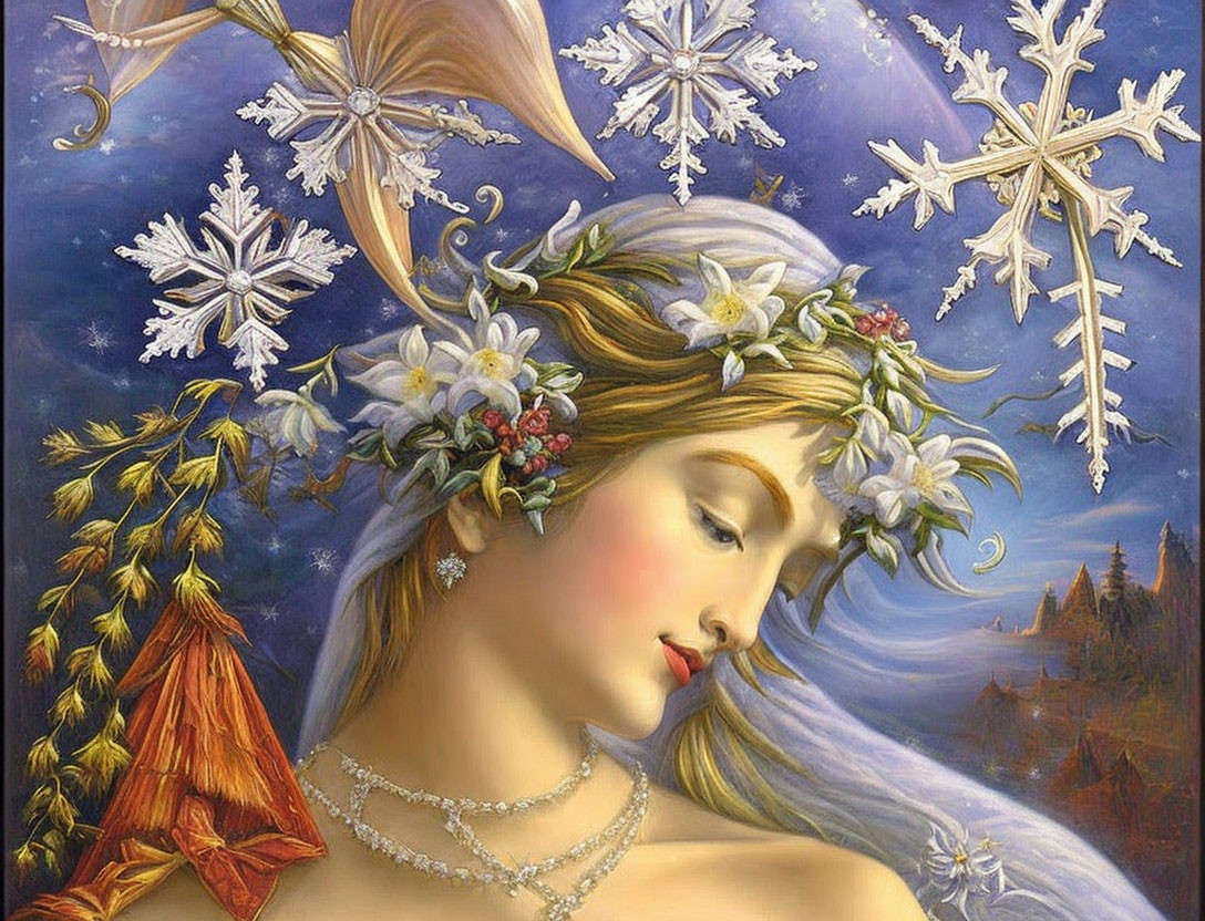 Woman with floral crown and veil in fantasy castle backdrop