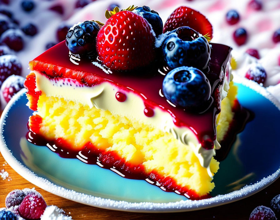 Colorful Cheesecake Slice with Red Glaze and Berries on Blue Plate