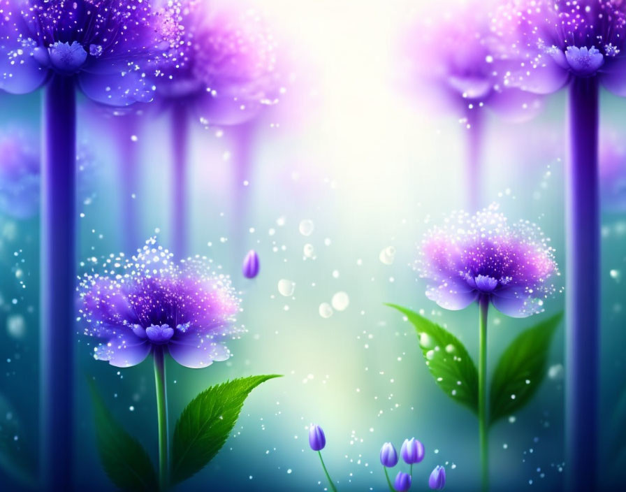 Purple Flowers with Dewdrops on Blue Background: Mystical and Serene