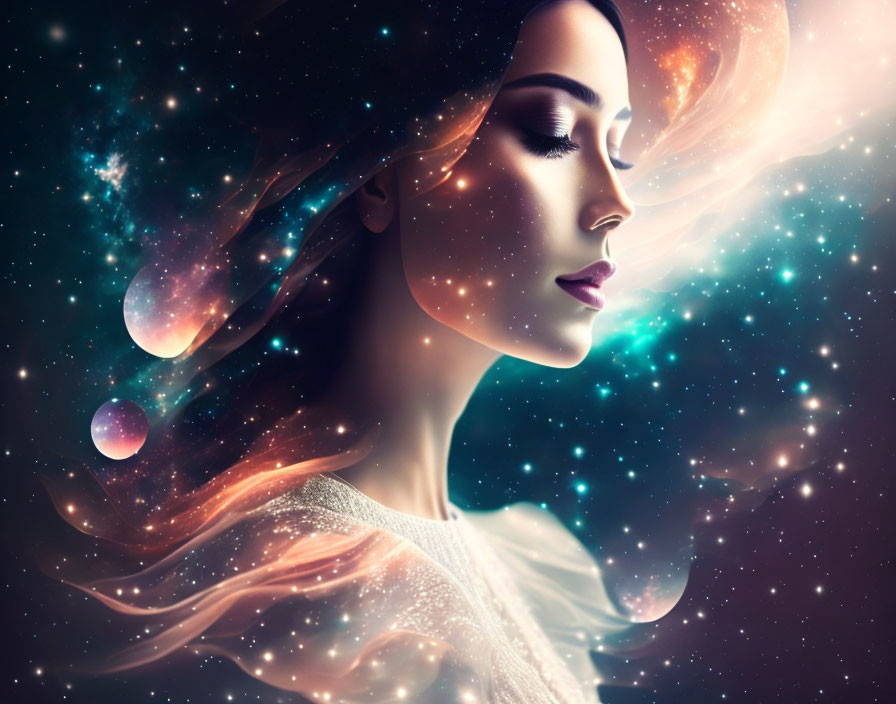 Digital art portrait of woman merging with cosmic background.